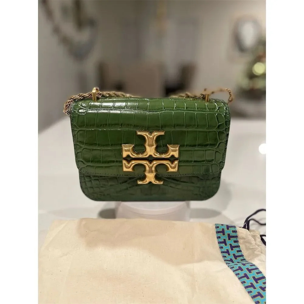Tory Burch Eleanor Small Green Croc Embossed Convertible Shoulder Bag